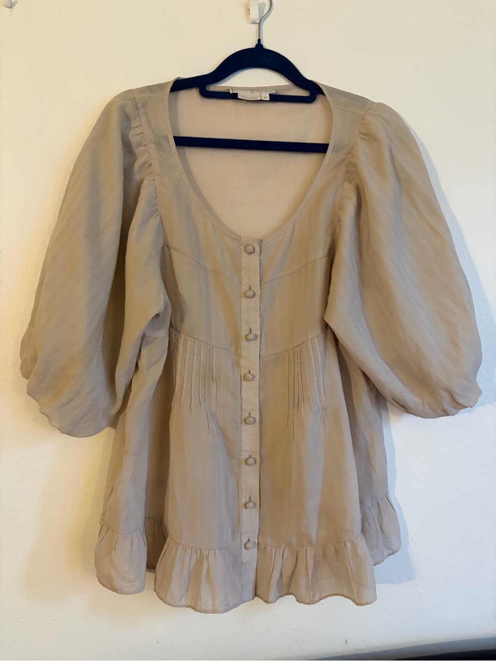 To the Max Beige Puff-Sleeve Button-Front Blouse